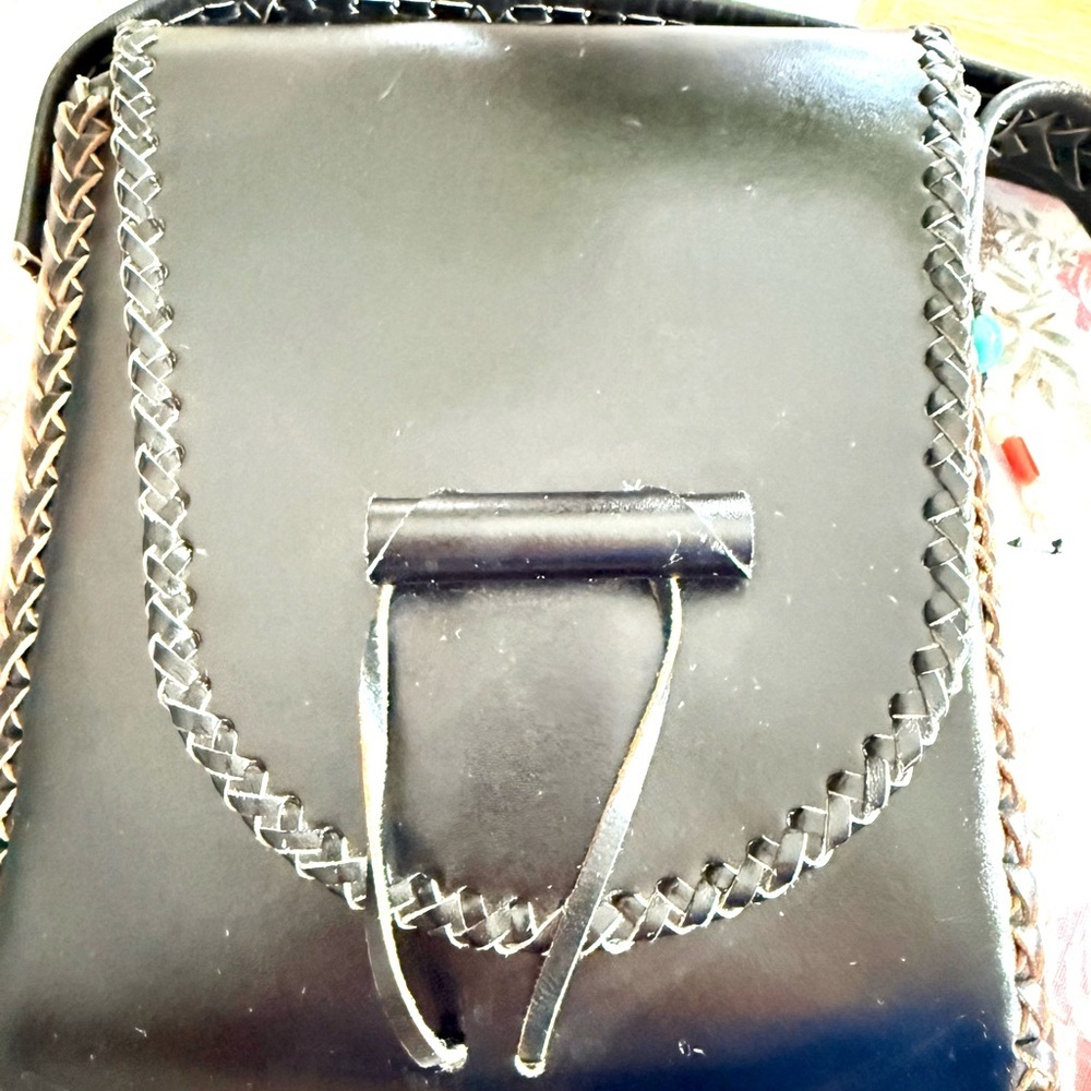 Vintage Black Leather Shoulder Bag Woven Trim Boho Western Style Purse - Picture 2 of 6
